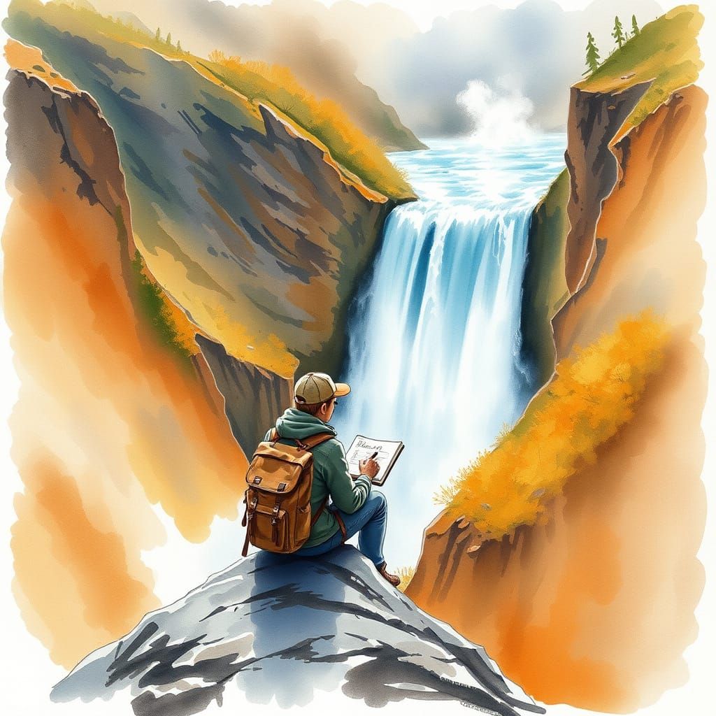 Traveler Sketches Autumn Waterfall in Expressive Watercolor ...