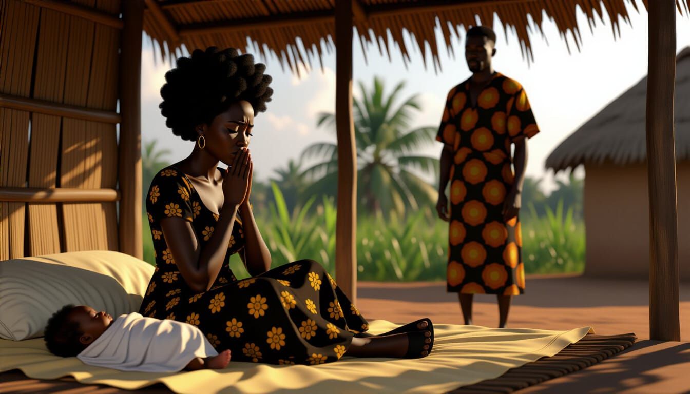 African Woman Crying Beside Sleeping Baby in Dramatic Hut Li...