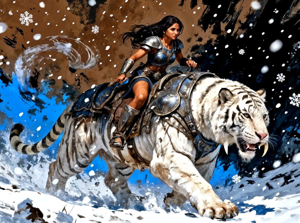 Warrior and Tiger in Snowy Storm Matte Painting