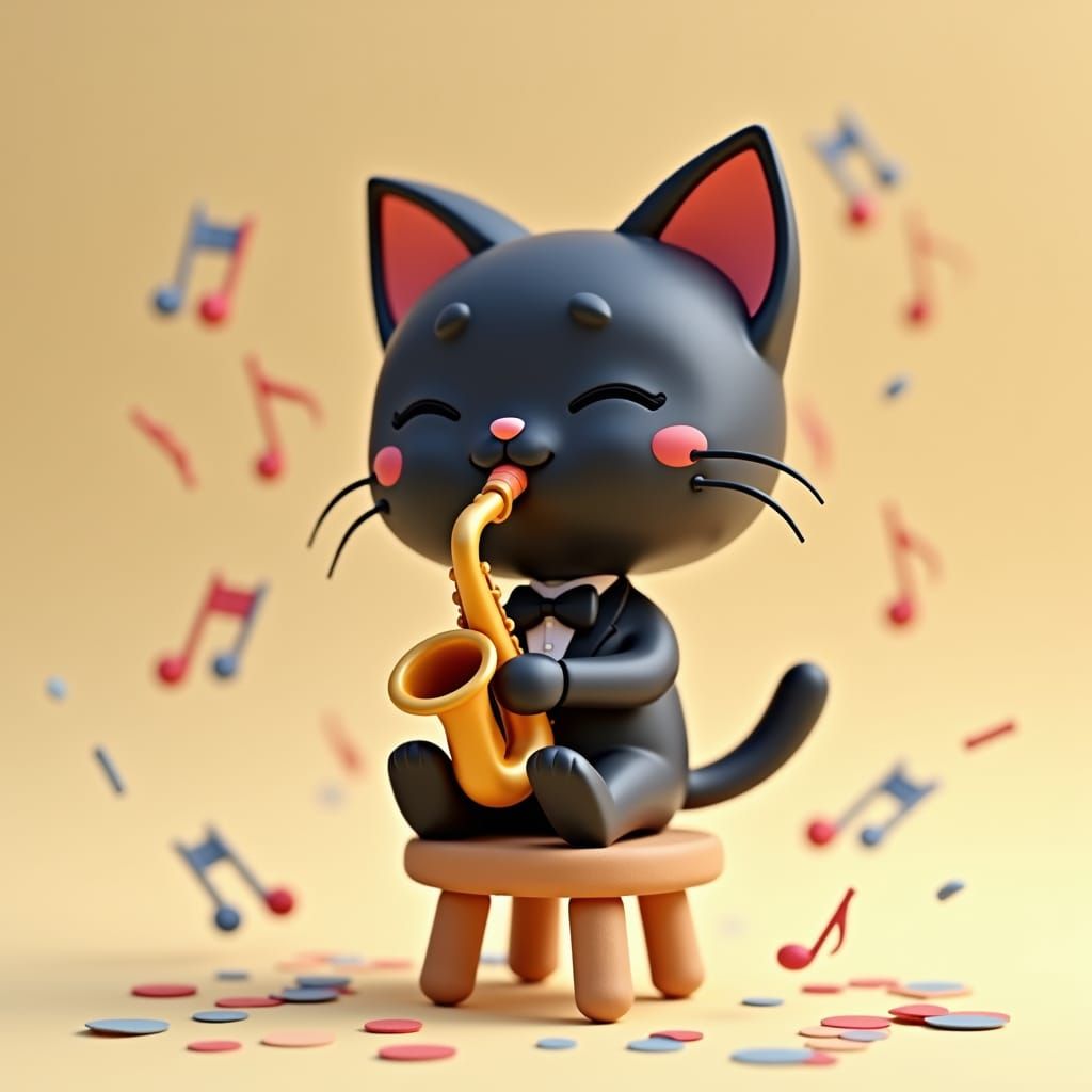 Chibi Black Cat Saxophonist in 3D Pastel Scene