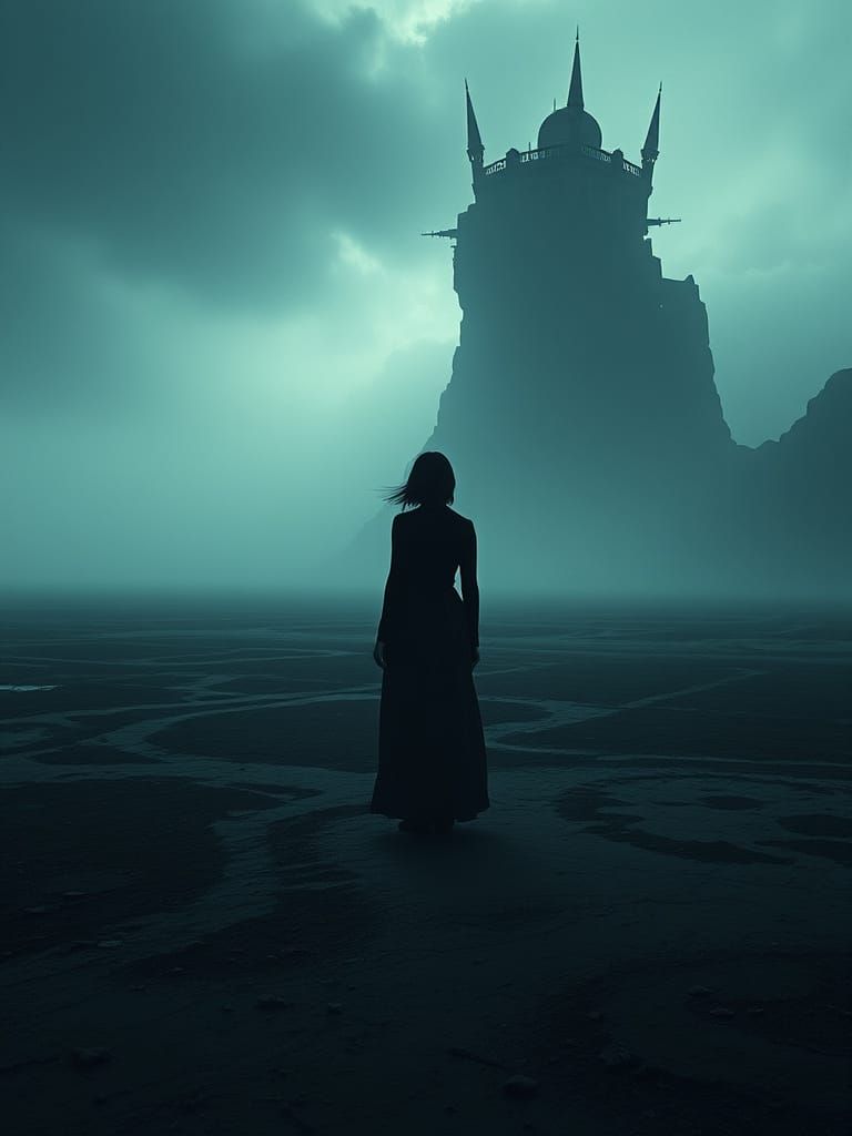 Surreal Woman in Haunting Landscape with Dreamlike Atmospher...