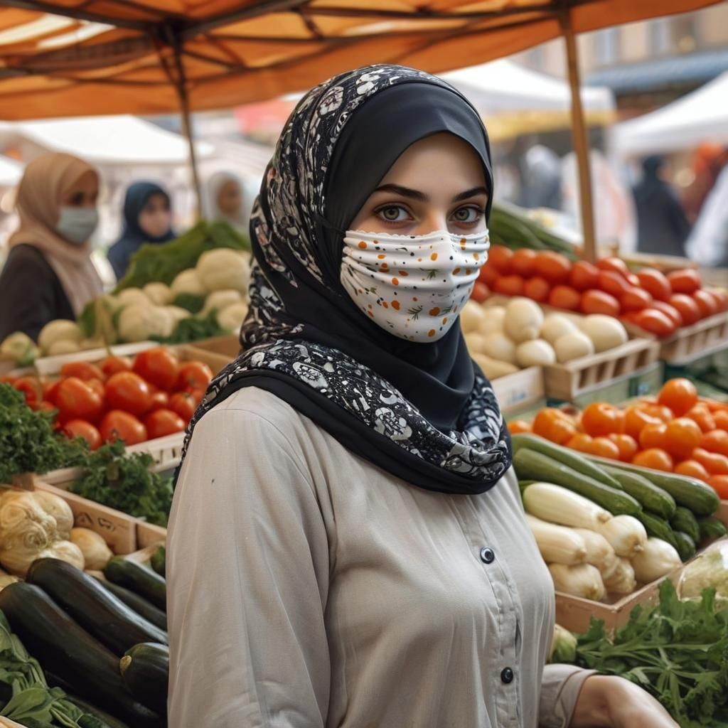 Woman with Hijab at Vegetable Stand, Digital Painting