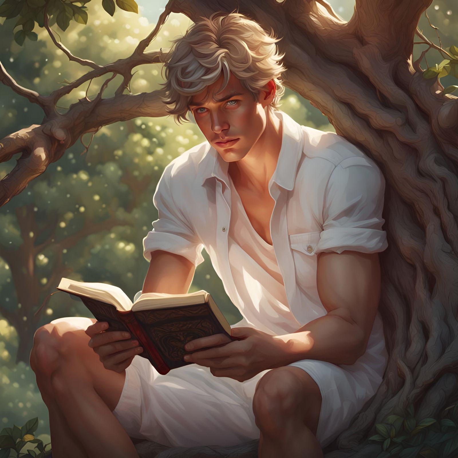 Guy in garden reading a book