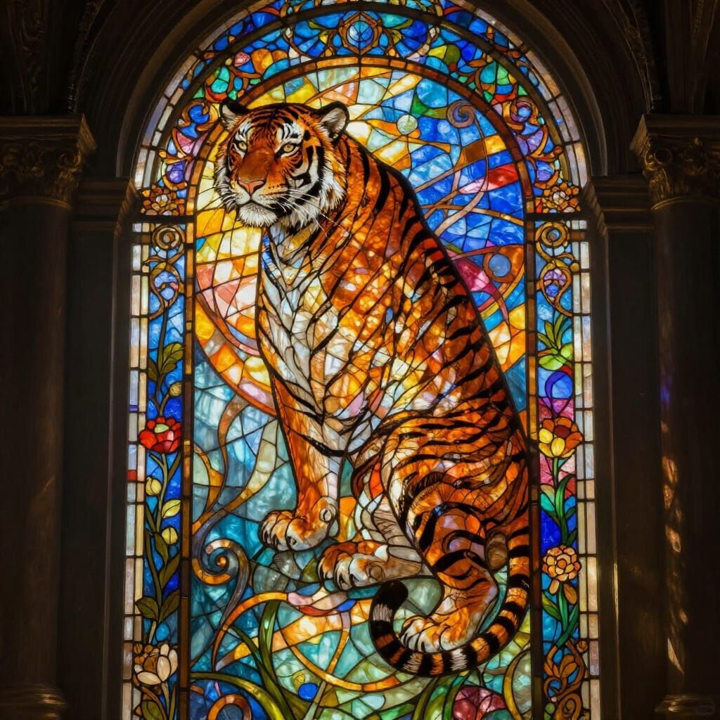 Regal Tiger in Jewel-Toned Stained Glass