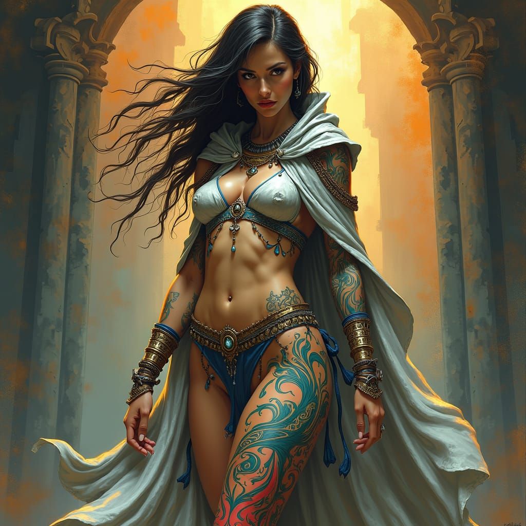 Tribal Tattooed Witch in Flowing Silver Cloak