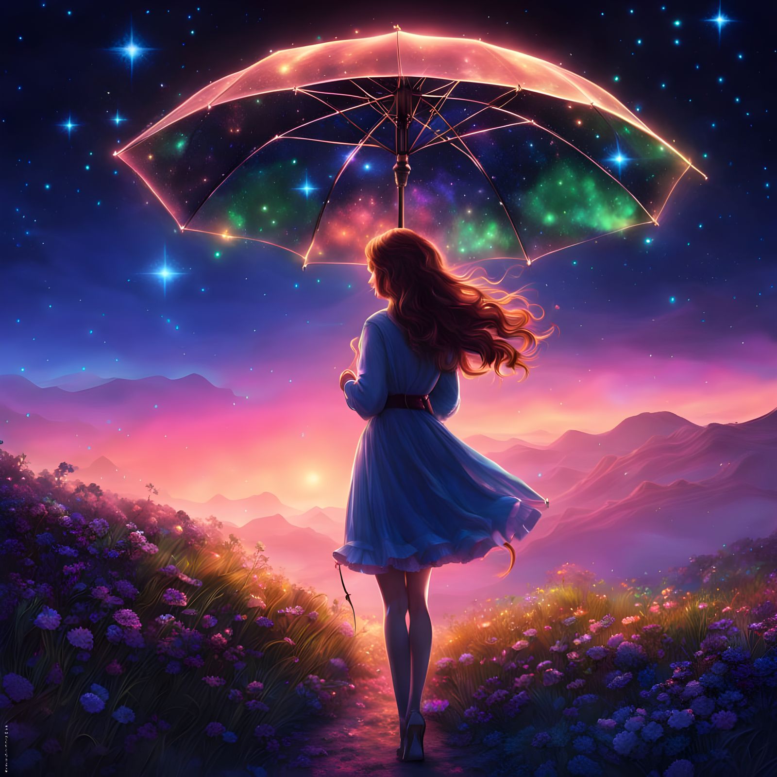 Celestial Girl with Glowing Hair in Twilight