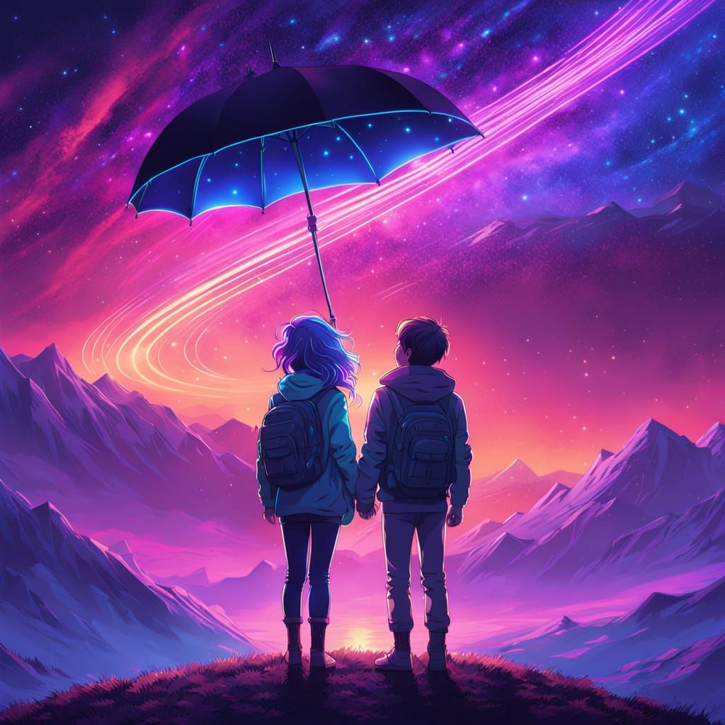 Glowing Star Children in Neon-Lit Night Sky