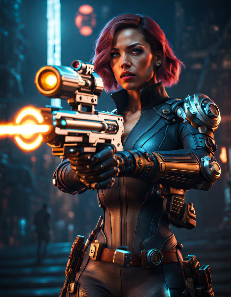 Female Cyborg Detective with Ray Gun in Detailed Matte Paint...