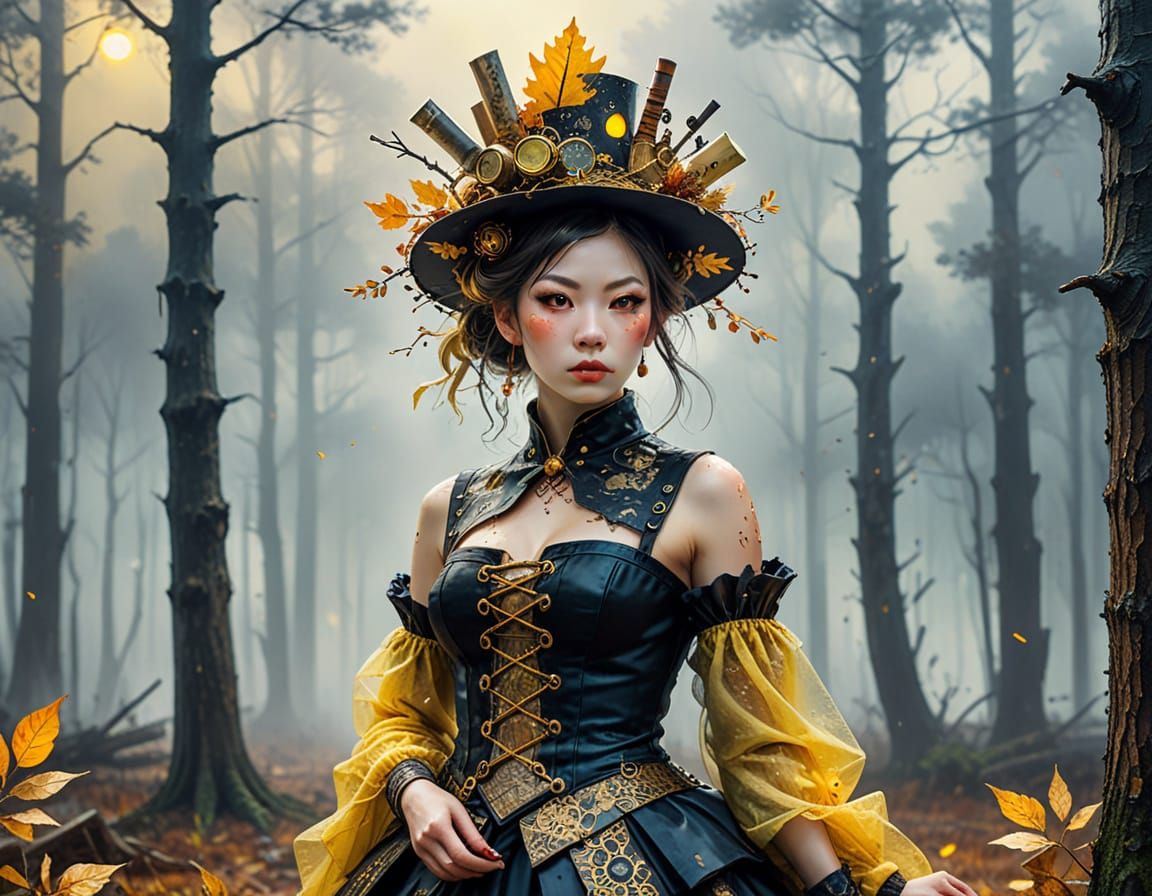 Steampunk Oiran in Black Dress Amidst Foggy Forests