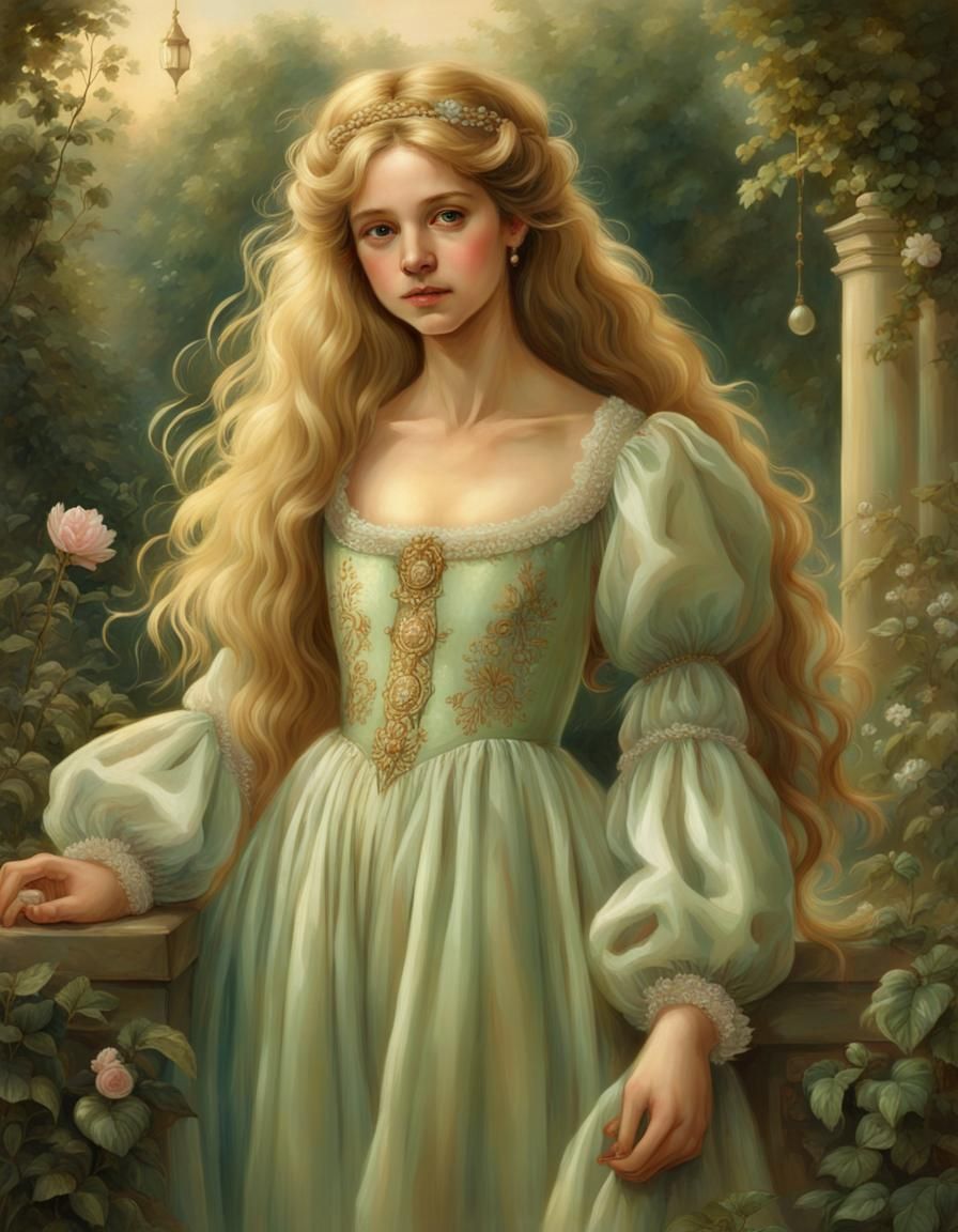 Renaissance Girl in Green Gown with Golden Hair