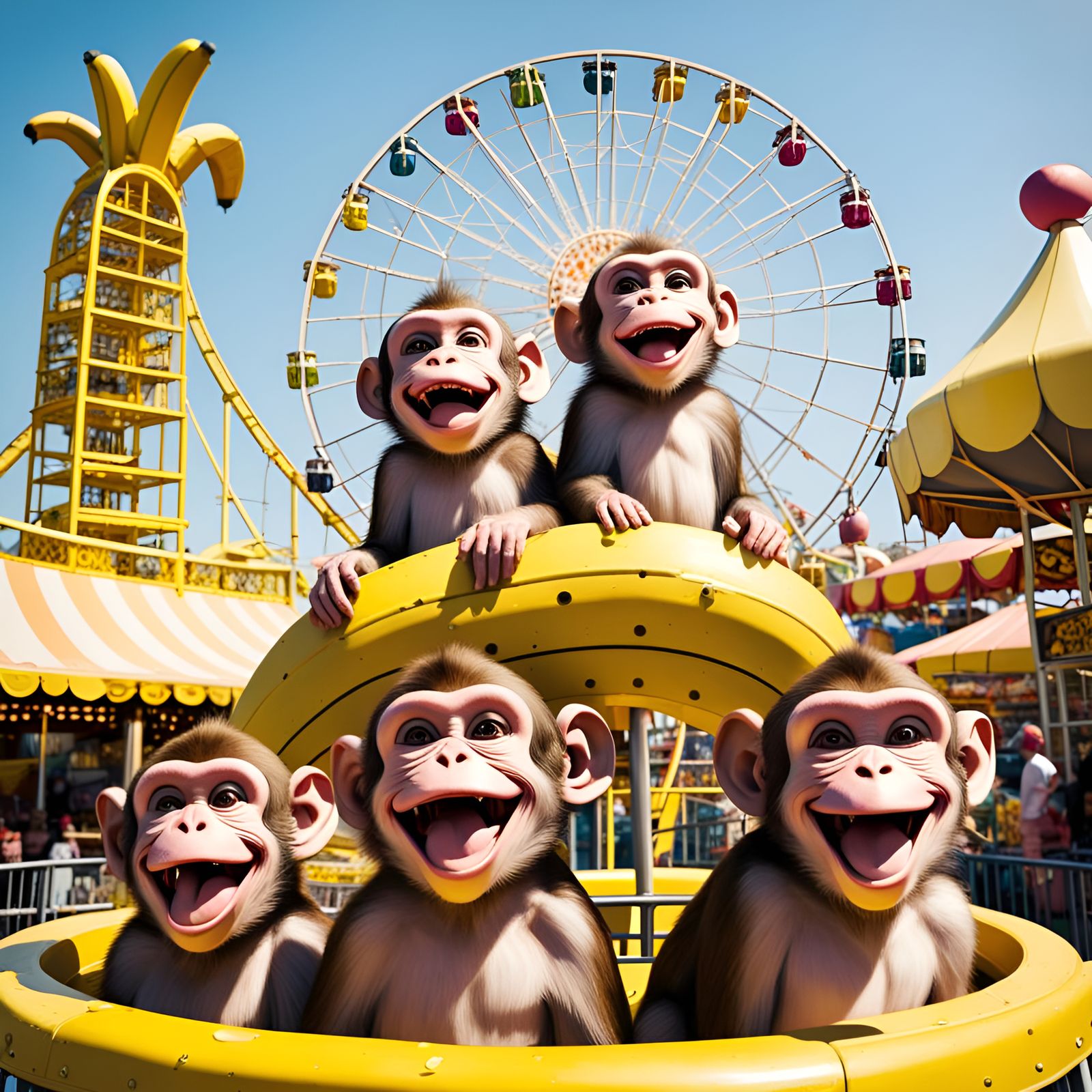 Monkeys Celebrate Banana Mania at Surreal Amusement Park
