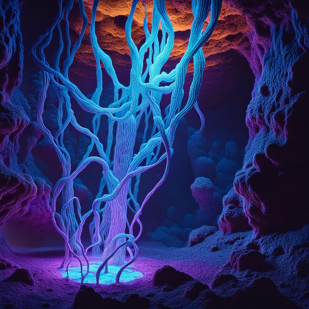 Glowing Mycelium Network in Ancient Cavern
