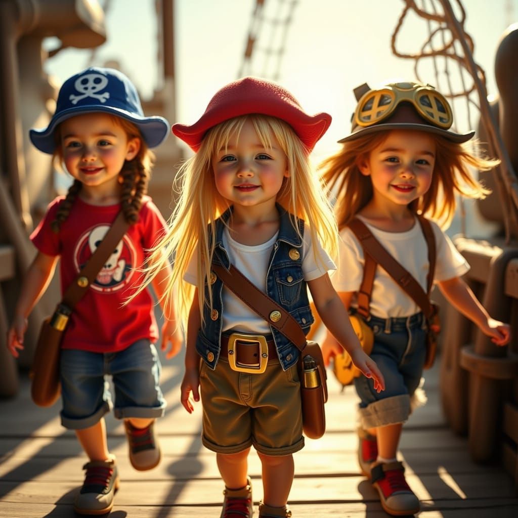 Whimsical Pirate Children at Play on Weathered Dock