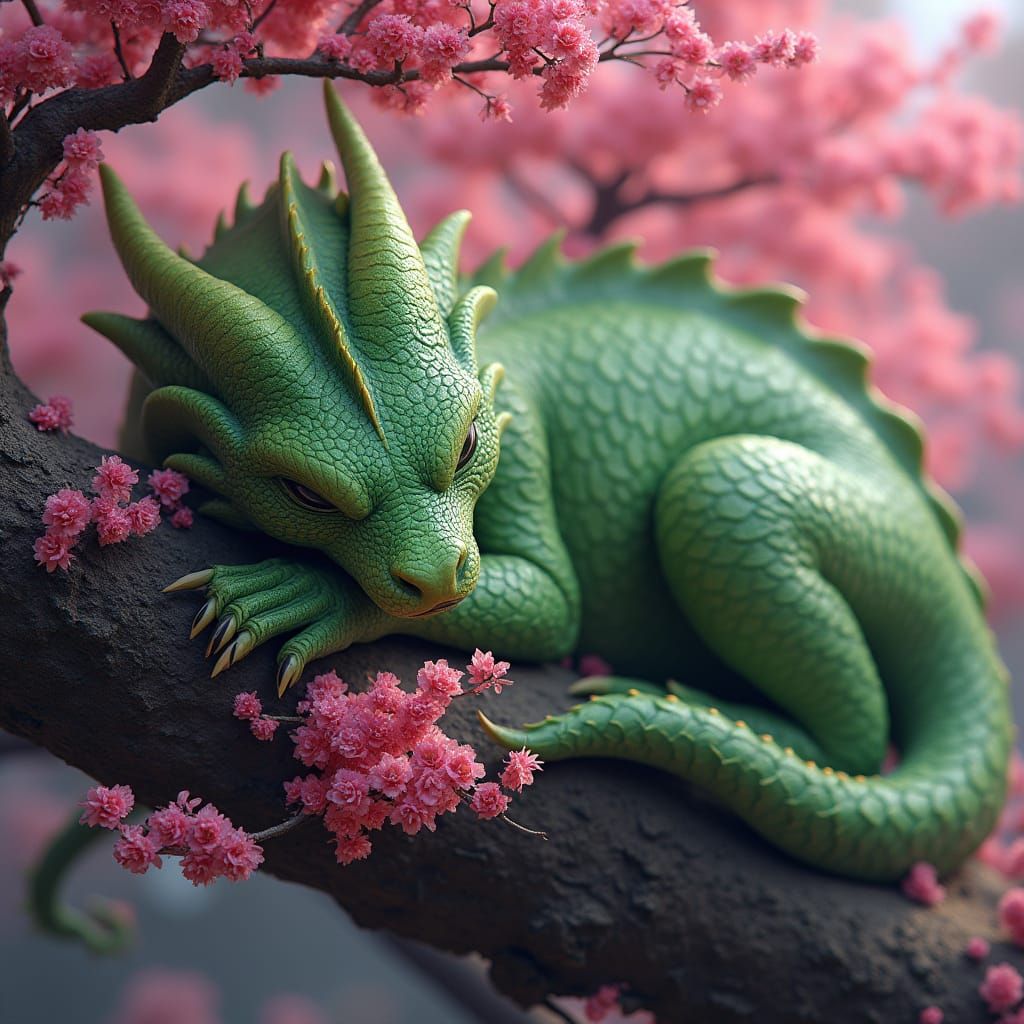 Green Dragon Sleeps on Pink Blossom Tree