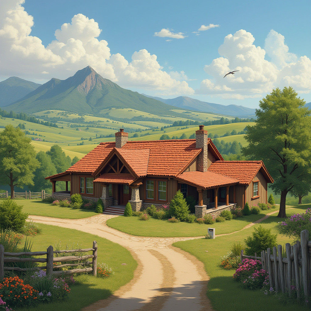 Idyllic Ranch House in a Landscape Painting