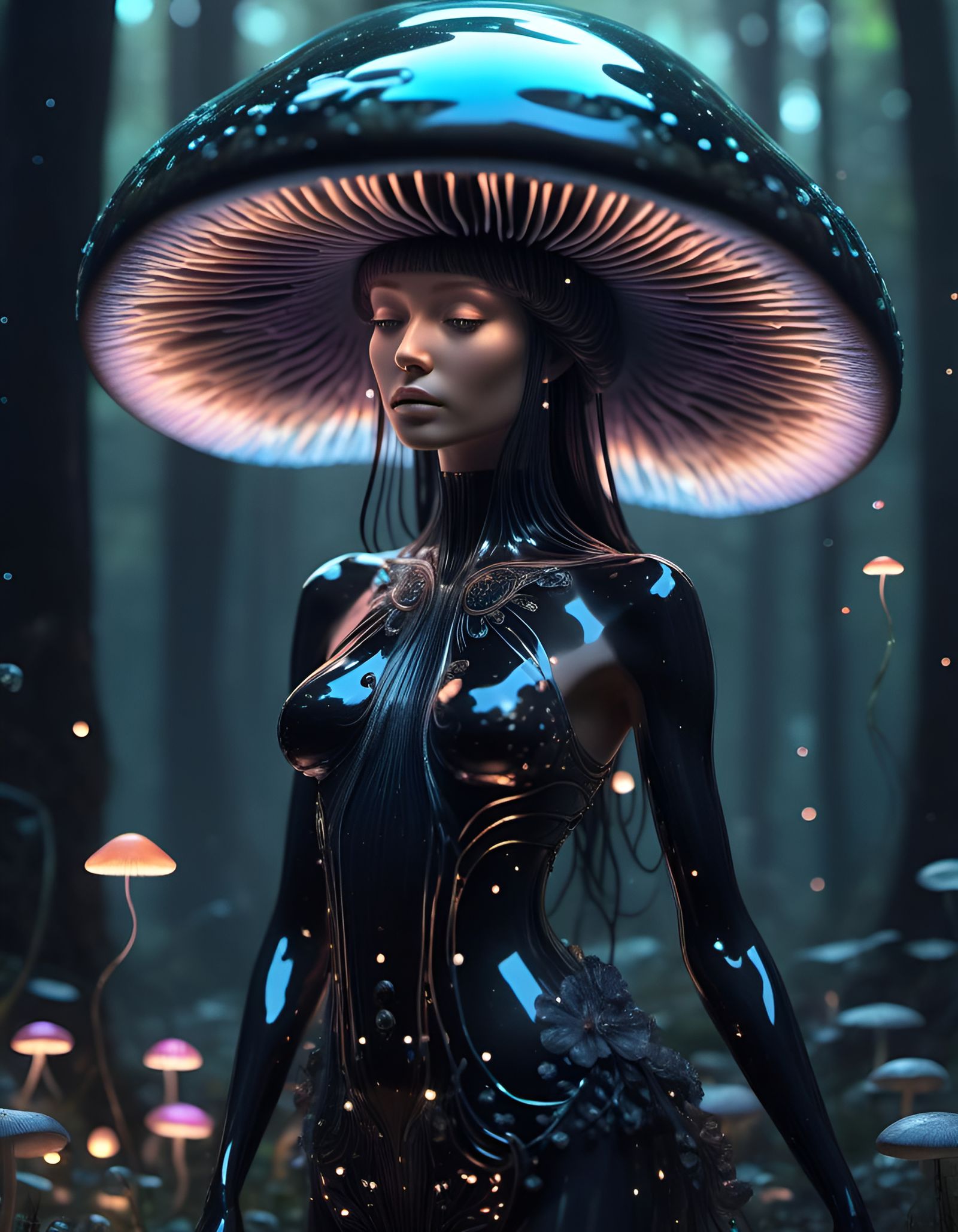 Black Glass Angel Goddess in Bioluminescent Forest