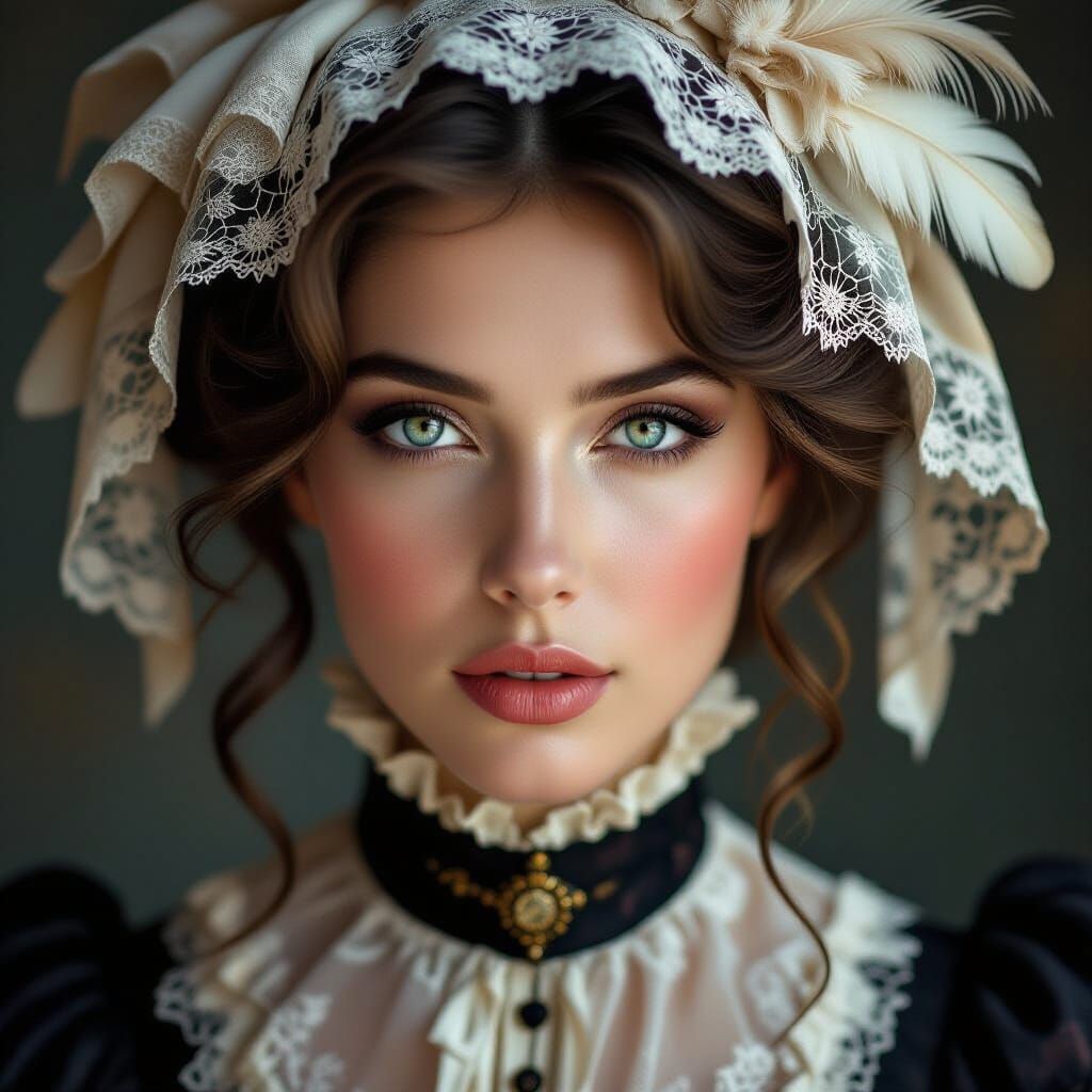 Ethereal Woman Portrait with Lace and Feathers in Oil Painti...