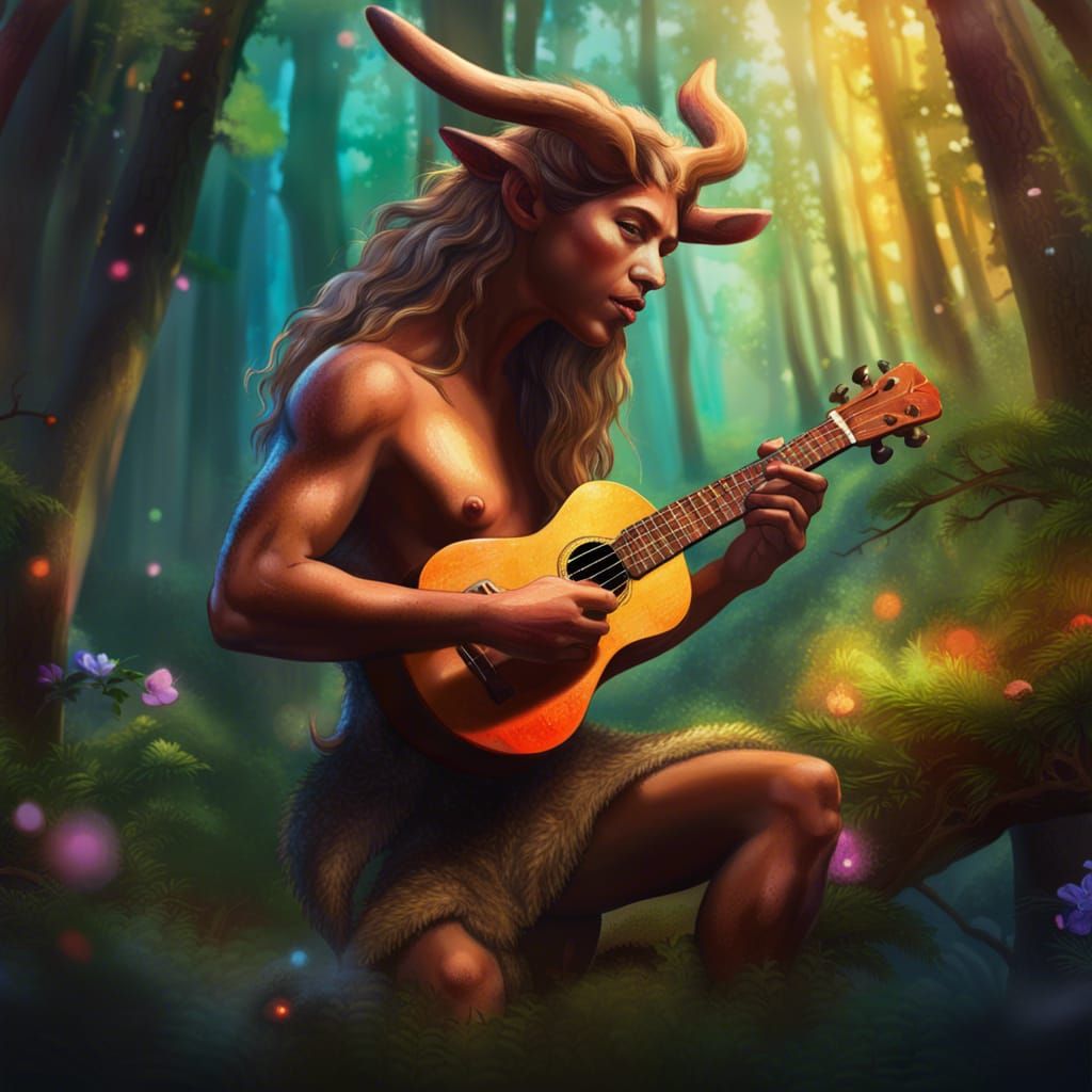 Hyperrealistic Centaur Plays Ukulele in Forest