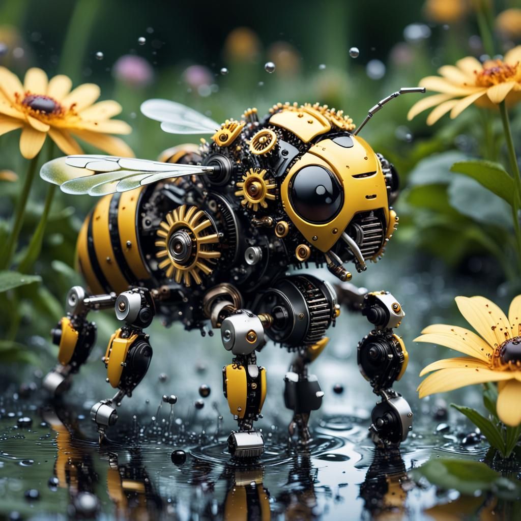 Robotic Bumblebee in Garden: Extreme Close-Up