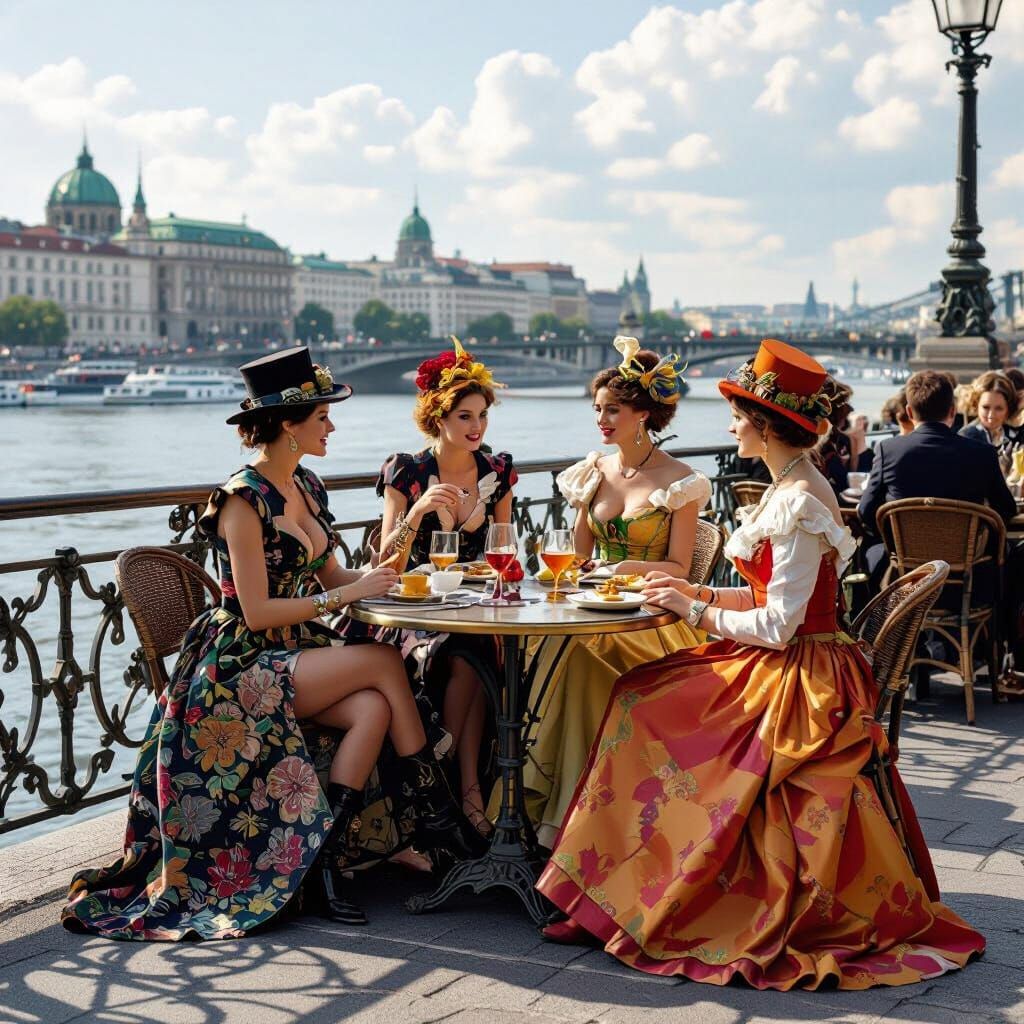 Seine Cafe Terrace Scene in Steampunk Style