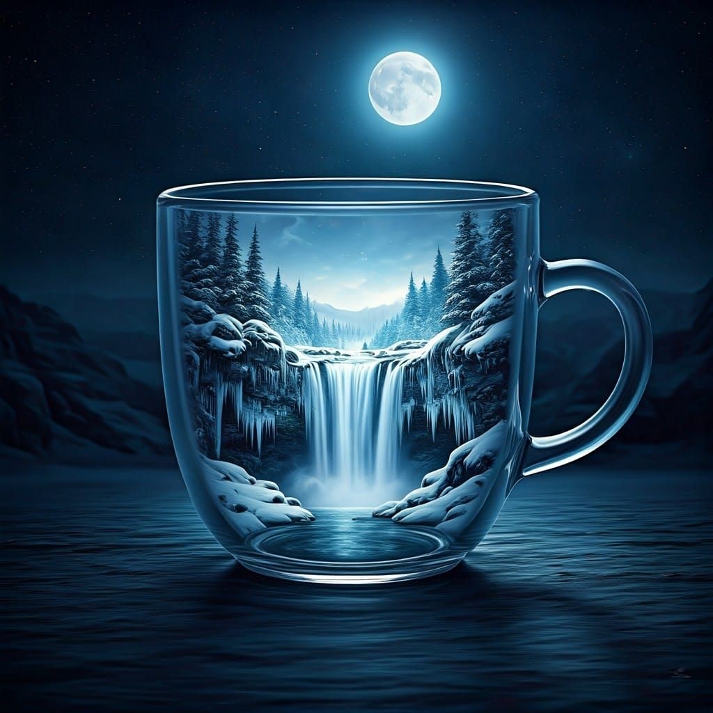 Serene Winter Waterfall in a Transparent Cup, Under a Young ...