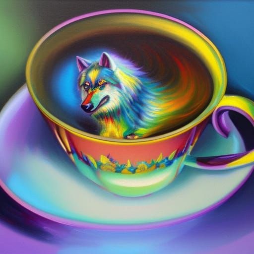 Rainbow Wolf in Teacup: Oil Painting Style