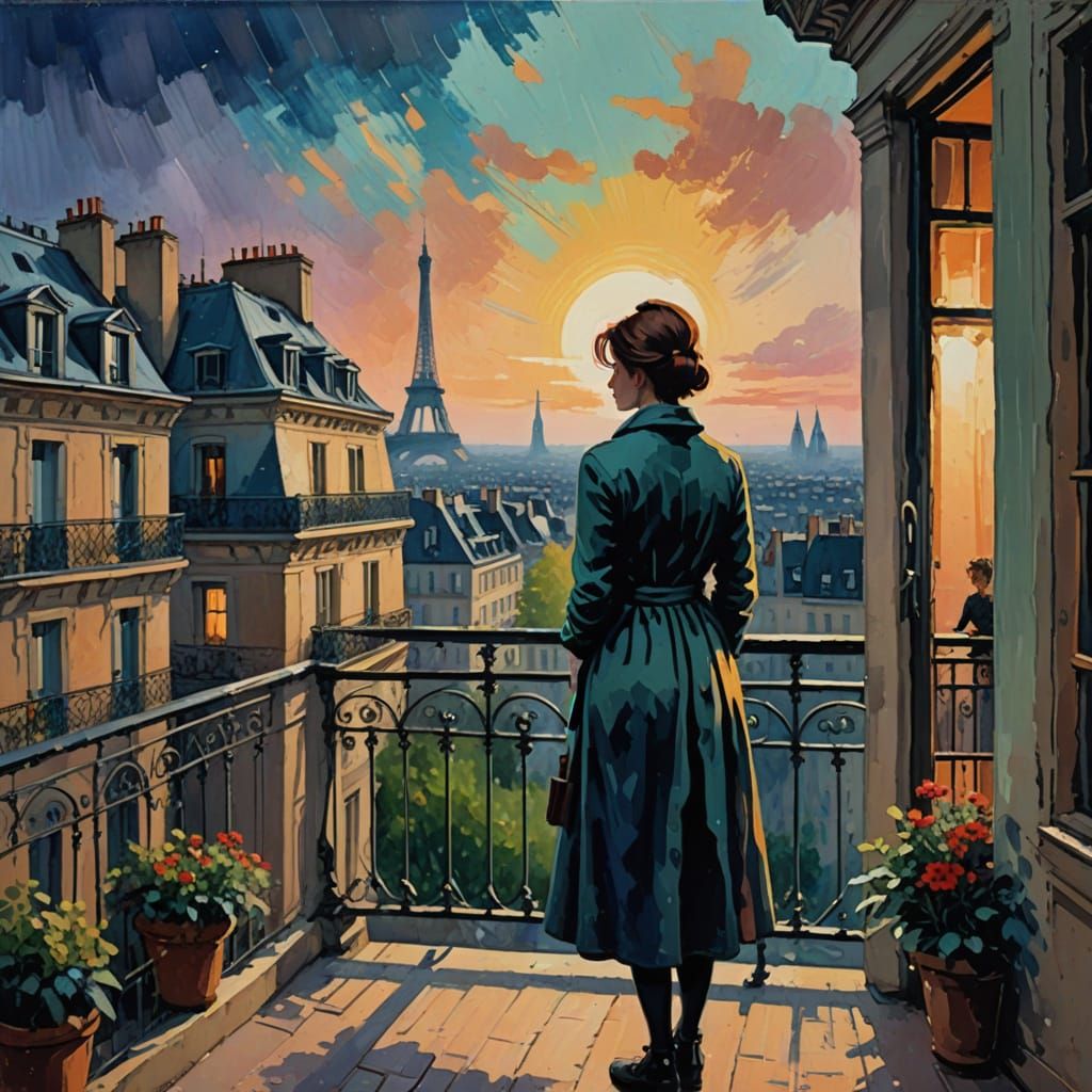 Woman Gazing Over Paris in Gouache Style