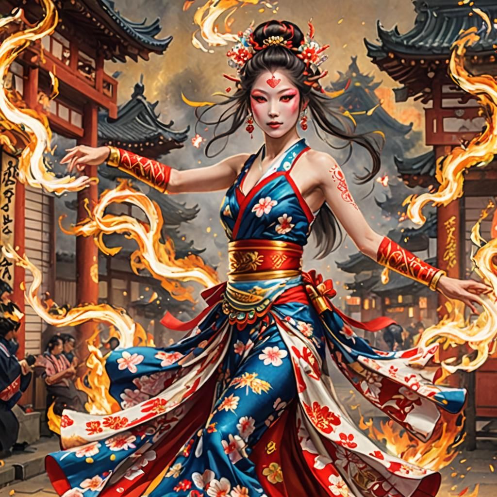 A Fire dancer in a glorious and magnificent kimono