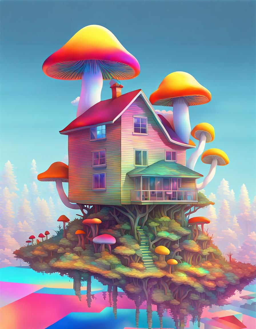 Colorful Glitch Art of Mushroom House on Sky Island