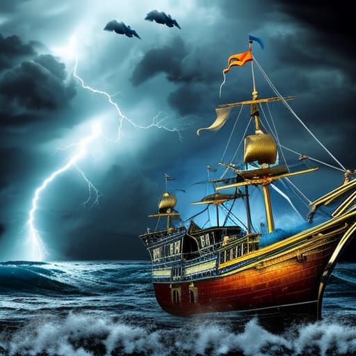 Pirate ship in the stormy sea