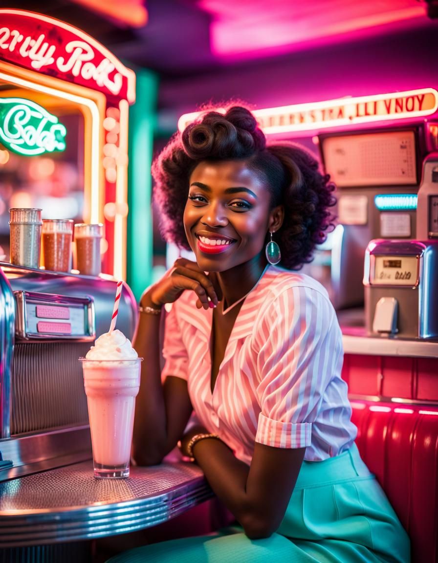 Retro Soda Shop Scene with Strawberry Milkshake