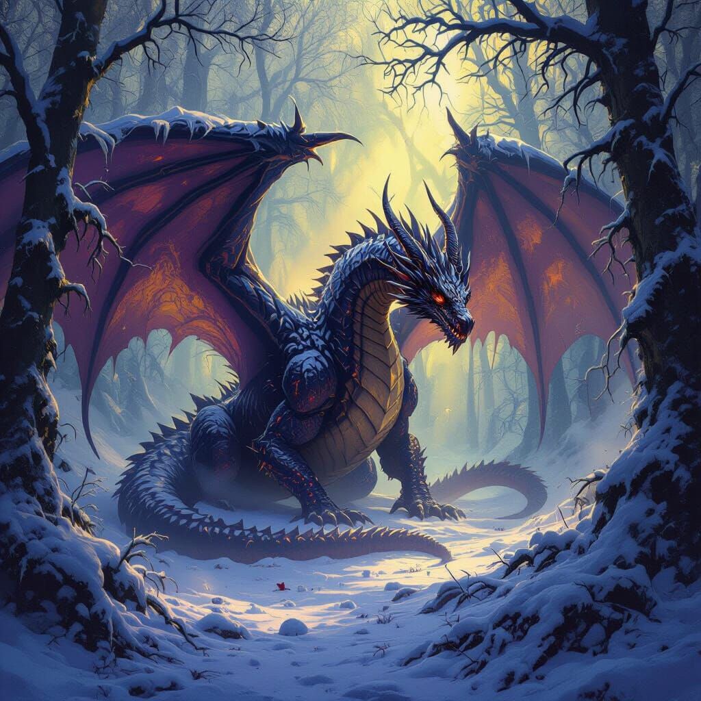 Nightmare Dragon in Snowy Forest