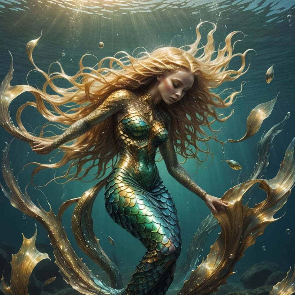 Portray mermaid transforming using realistic and abstract elements