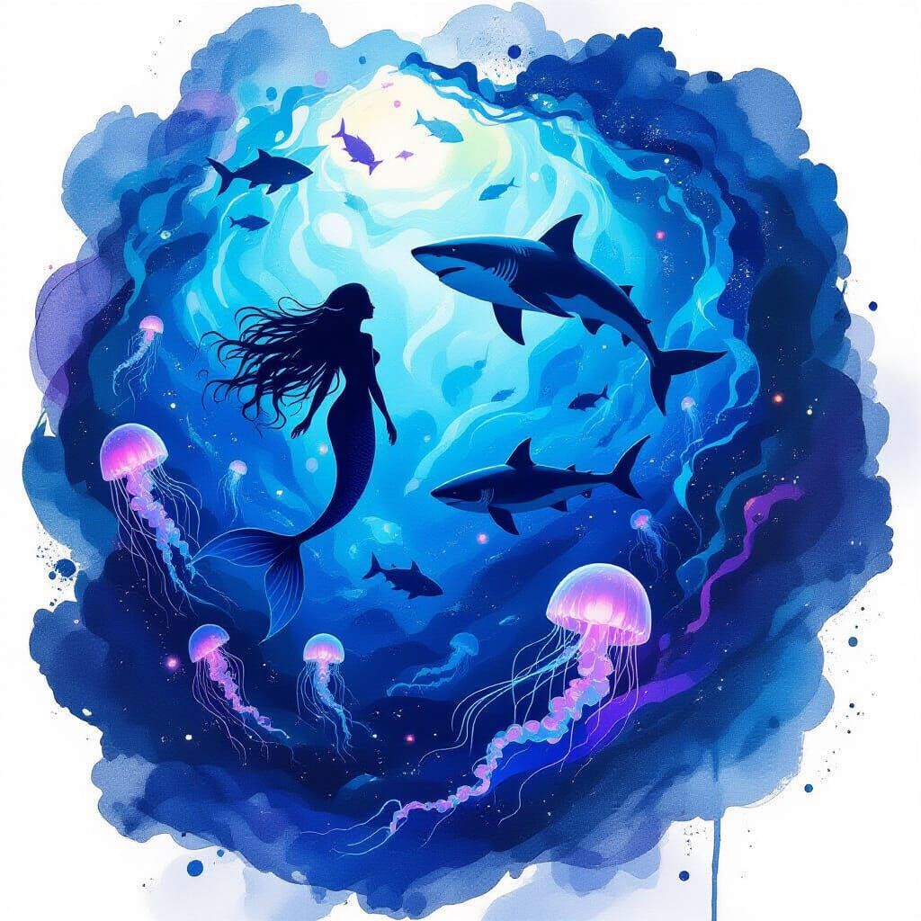 Bioluminescent Marine Life in Dreamlike Ink Wash Painting