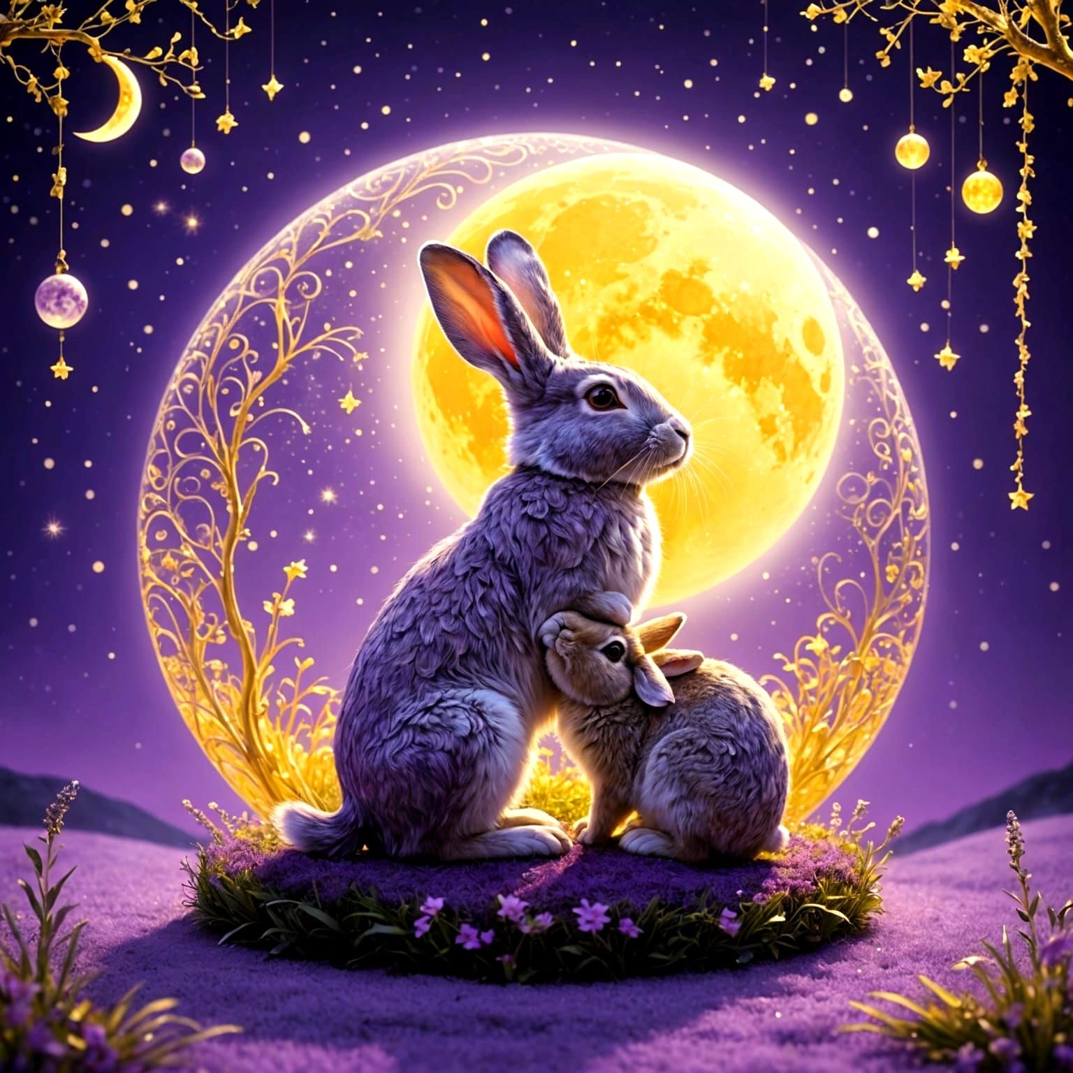 Ethereal Rabbits Play Under a Moonlit Sky