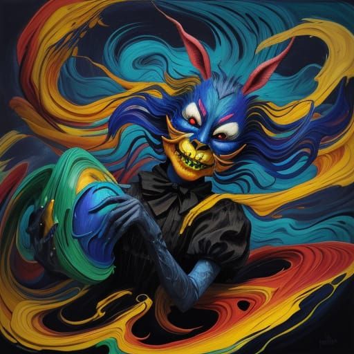 Surreal Neo-Expressionist Bunny Jester Ascends in a Whirlwin...
