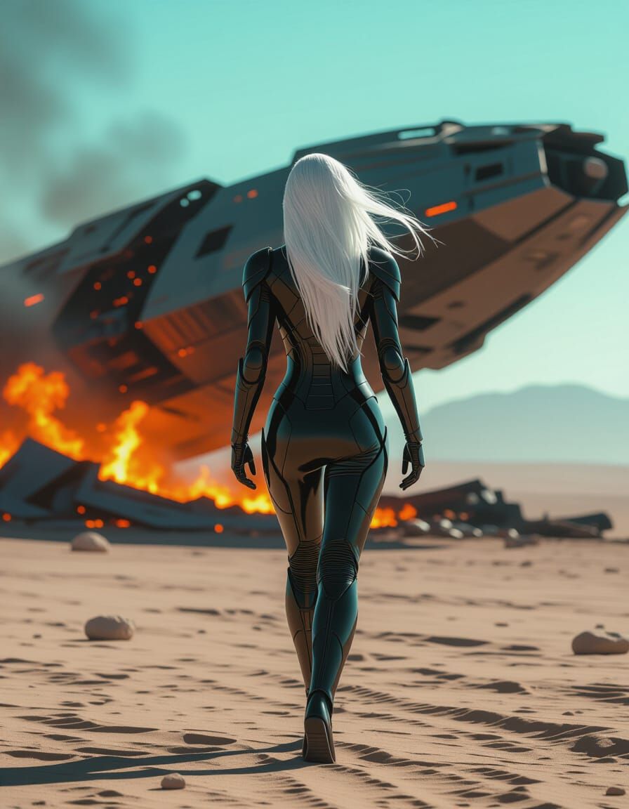 Cybernetic Woman Walking from Crashed Spaceship