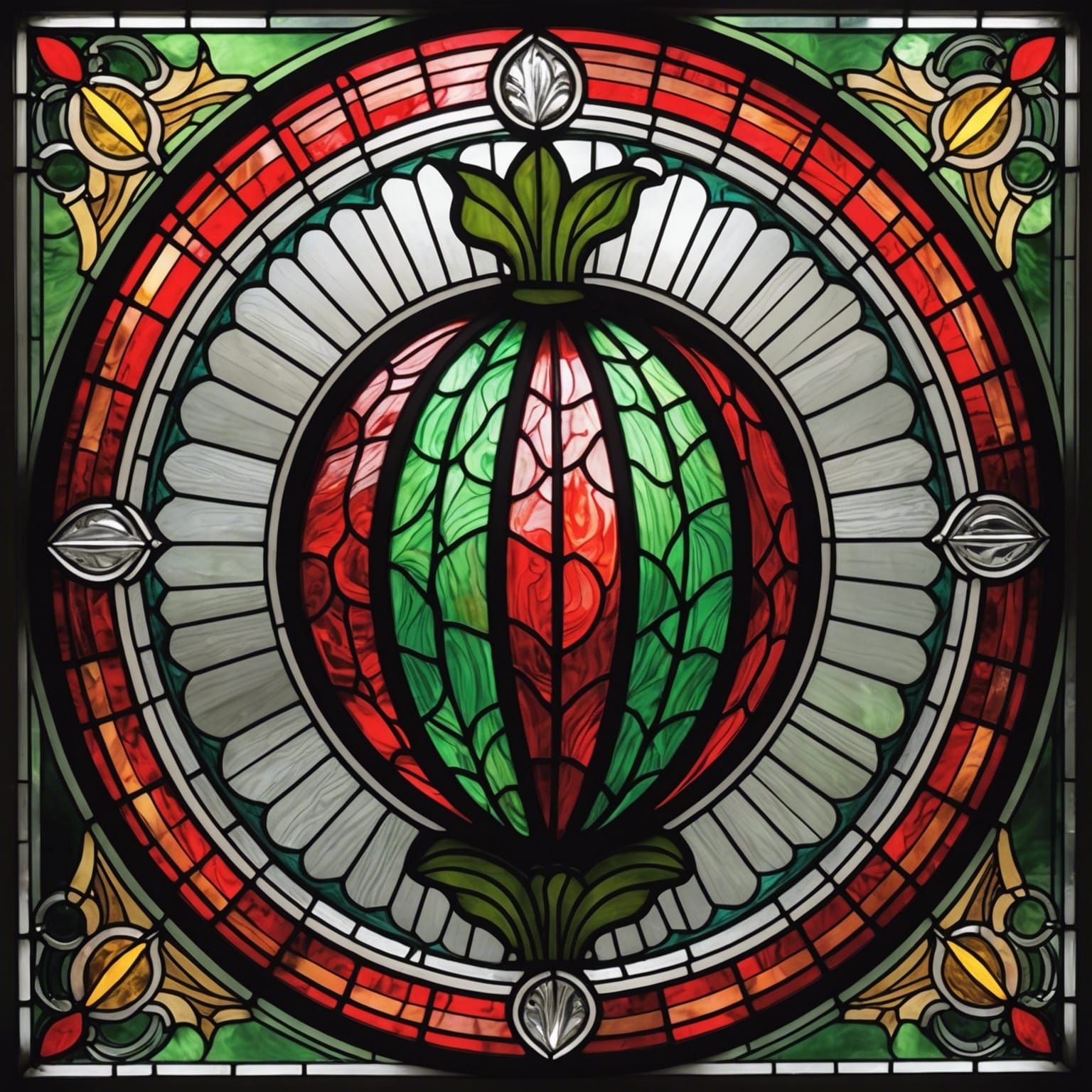 Iridescent Watermelon Stained Glass in Art Deco Style