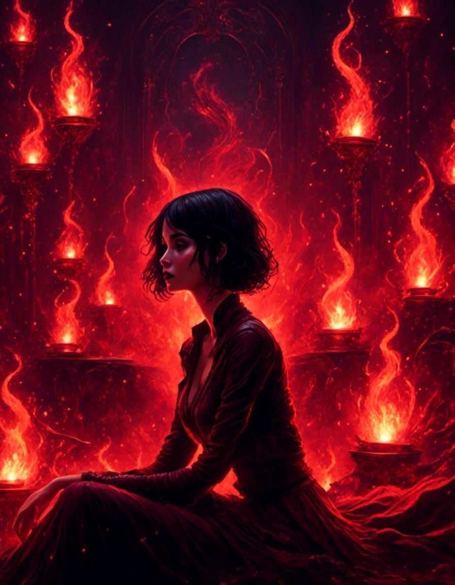 Gothic Lady Watching Neon Flames in Dark Fantasy