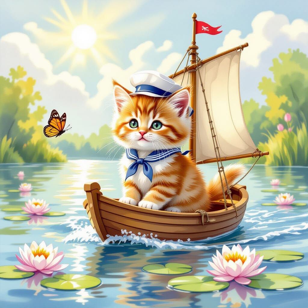 Kitten Sailor on a Lily Pad Lake: Watercolor Style