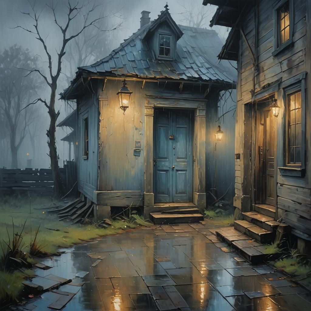 Rainy Porch: Moody Impressionistic Oil Painting