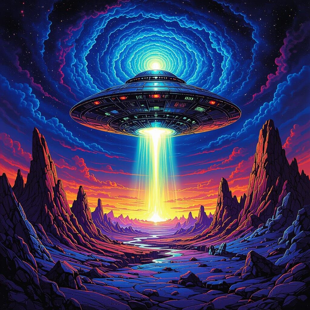 Alien Spaceship Over Surreal Landscape in Ed Repka Style