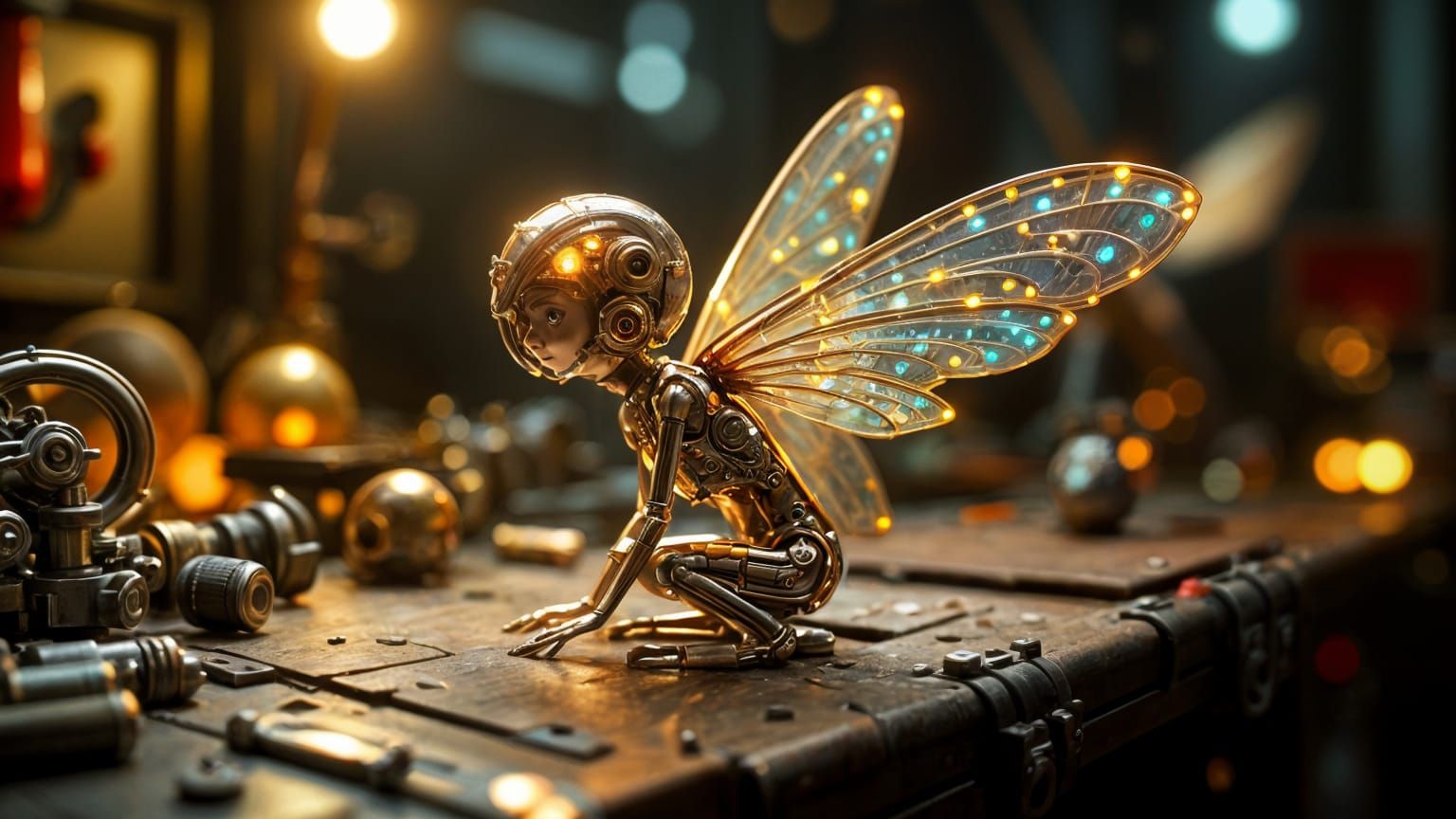 Glimmering Cybernetic Fairy in a Vibrant Workshop
