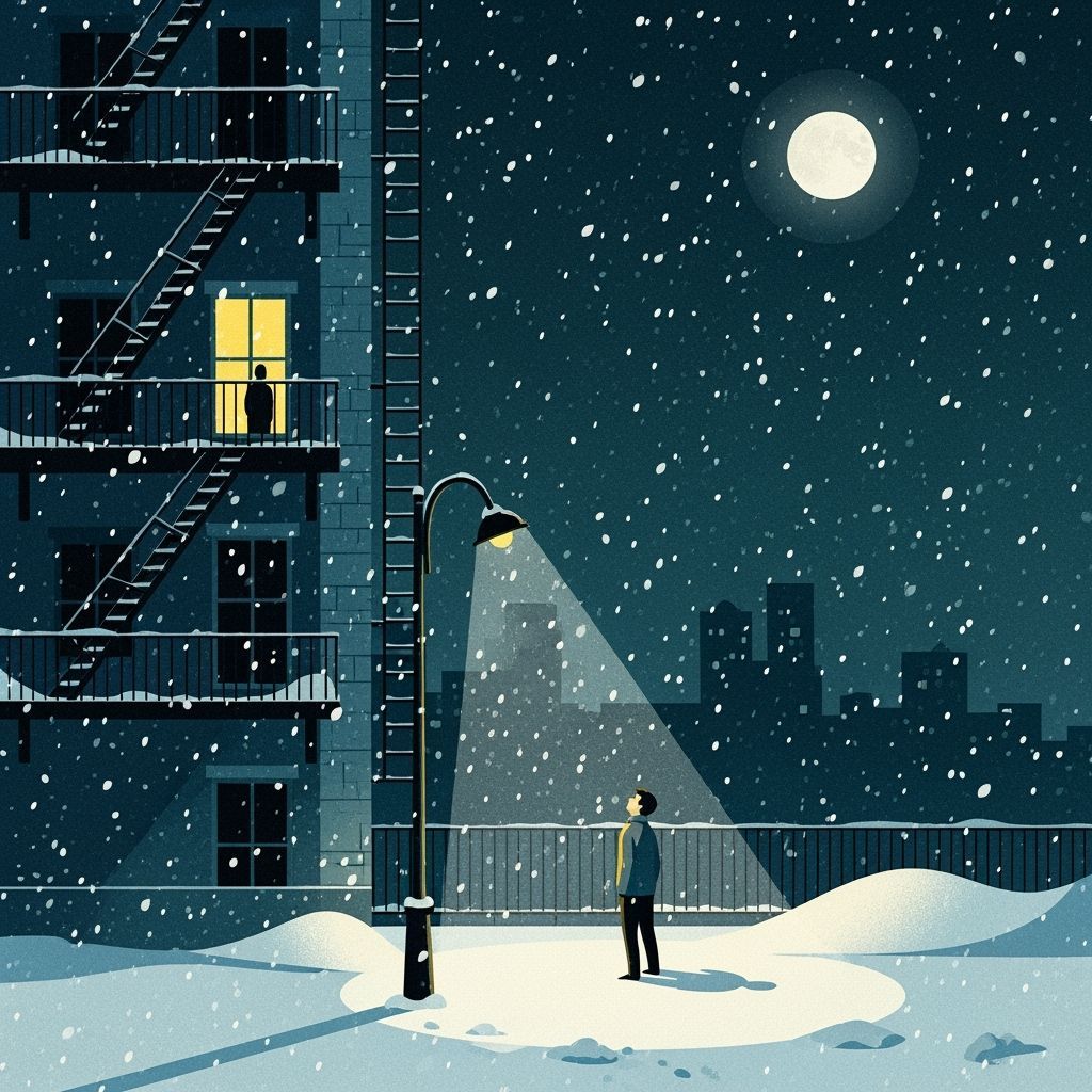 Winter Night Scene: Solitary Man Under Lamplight