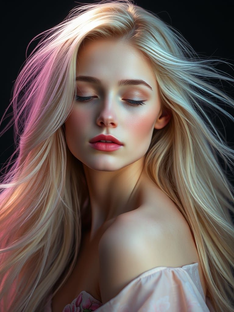 Ethereal Woman with Luminous Iridescent Hair
