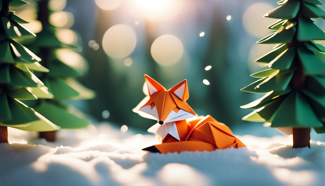 cute looking fox sleeping in the snowy spruce forest, suns light rays coming through leaves to fox, depth of field snow ...