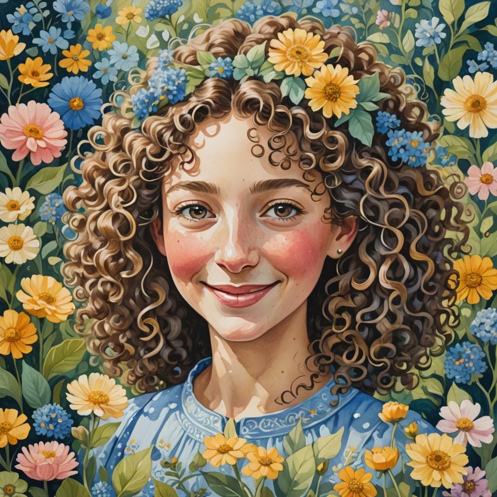 Charming Gouache Portrait of Woman in Flower Garden