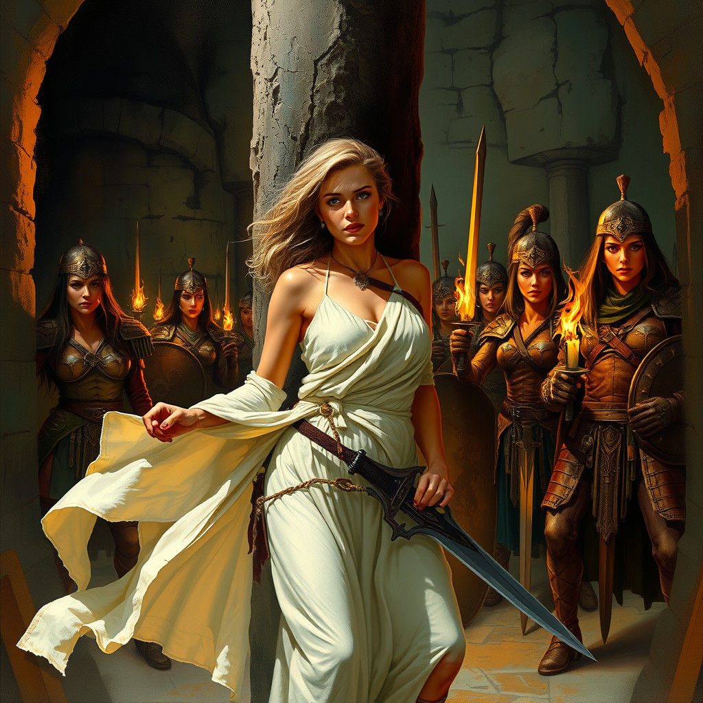 Warrior Women in Dungeon, Epic Fantasy Illustration