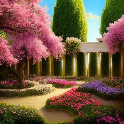 Blooming Greek Garden Matte Painting in High Resolution