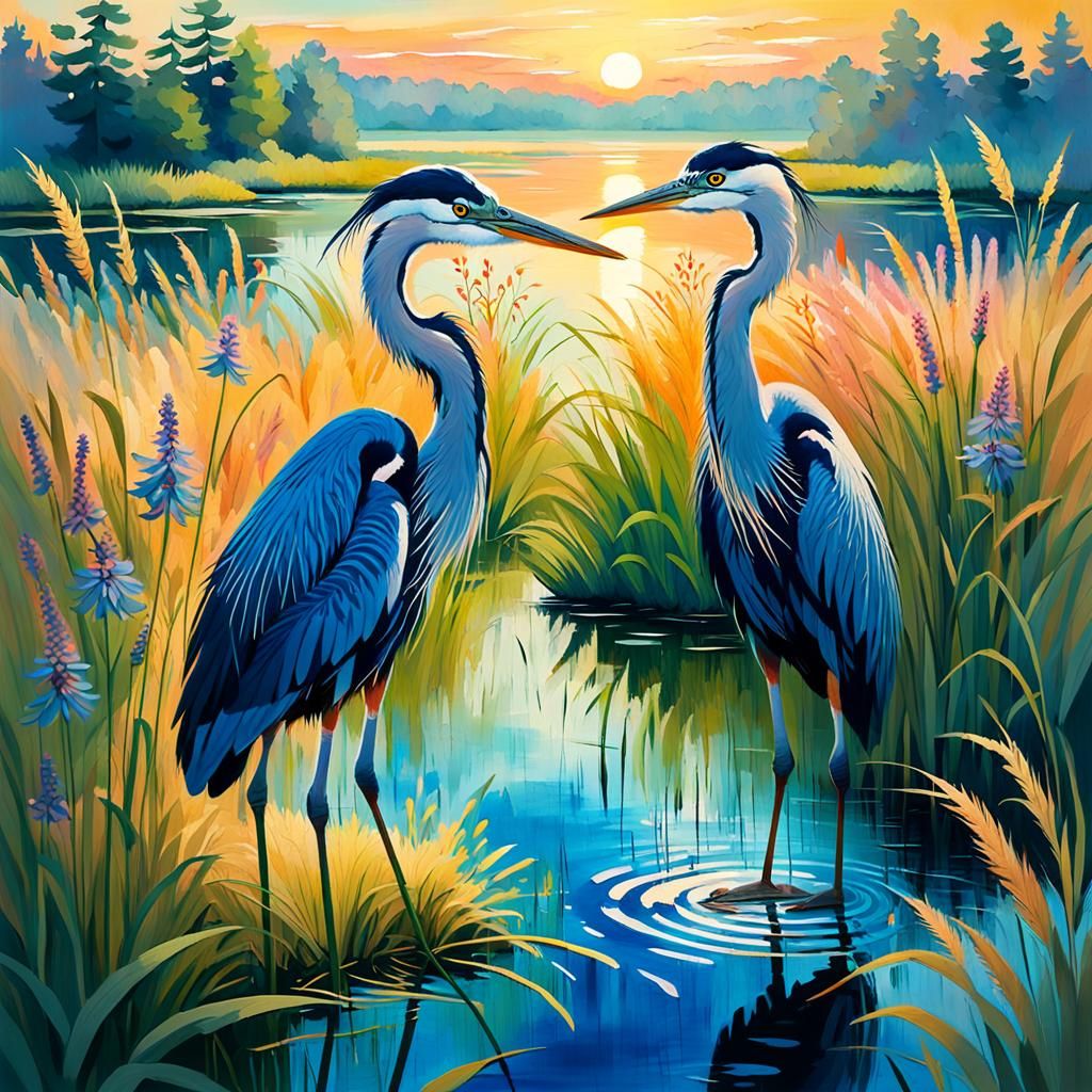 Herons in Lake at Sunset, Hockney-Style Painting